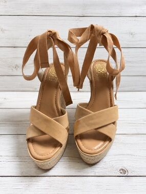 Vince Camuto Tan Crisscross Espadrille Wedge Sandals with Ankle Ties